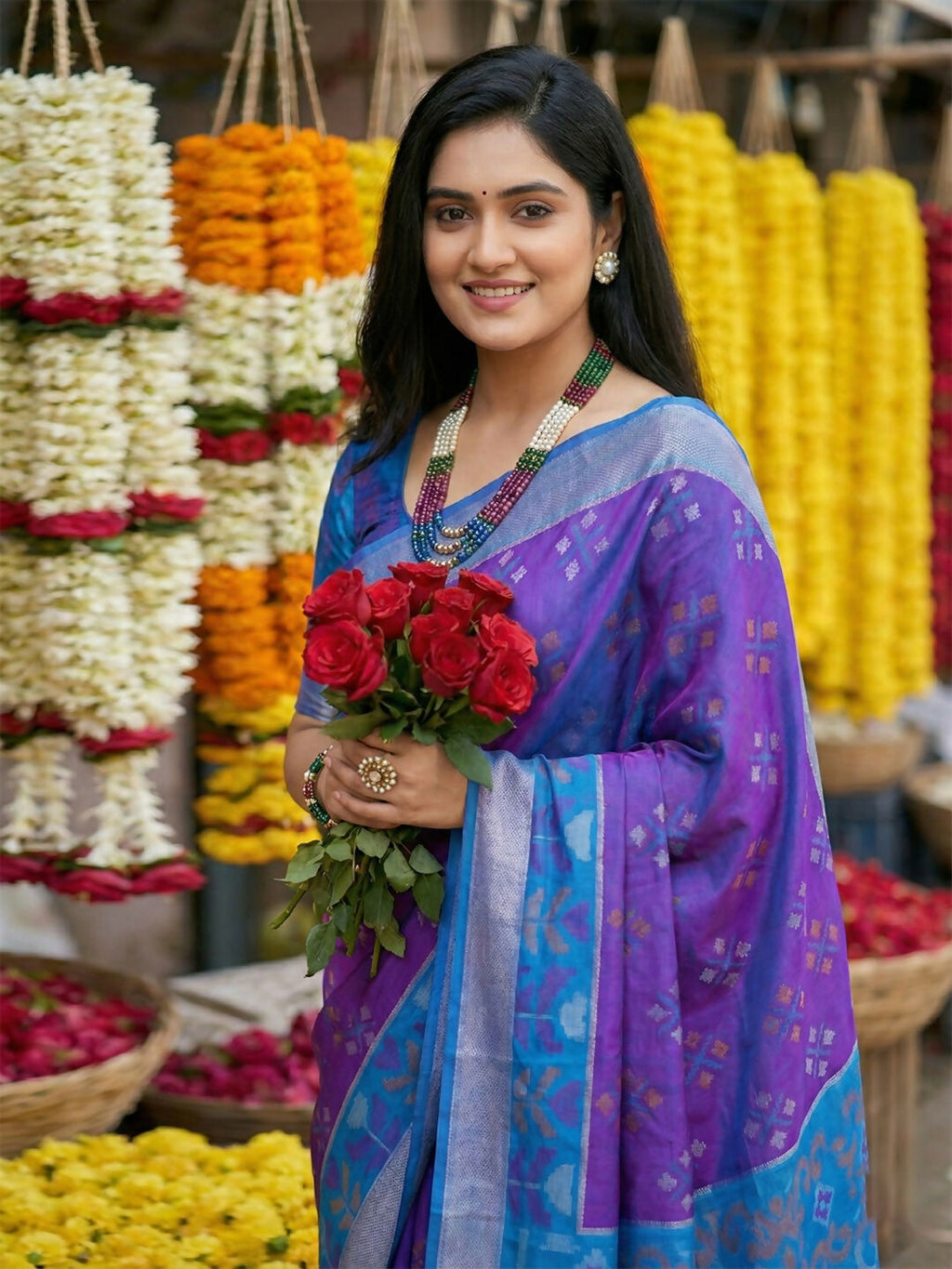 Shree Shyam Fashion Violet Pochampally Silk Saree | Grocsy
