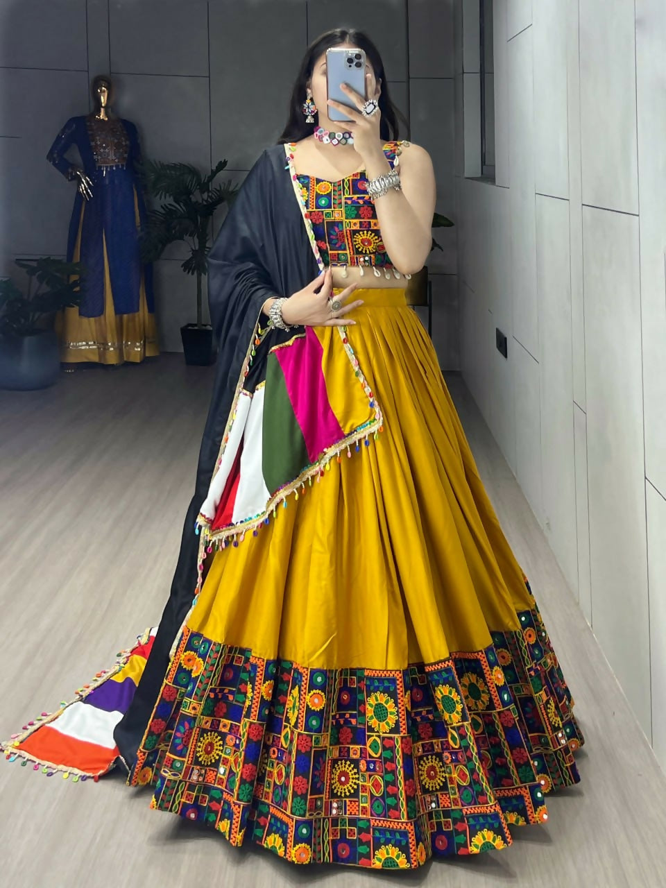 Yash Enterprise Mustard Rayon Cotton Embroidery Semi Stitched Navratri Chaniya Choli | Grocsy