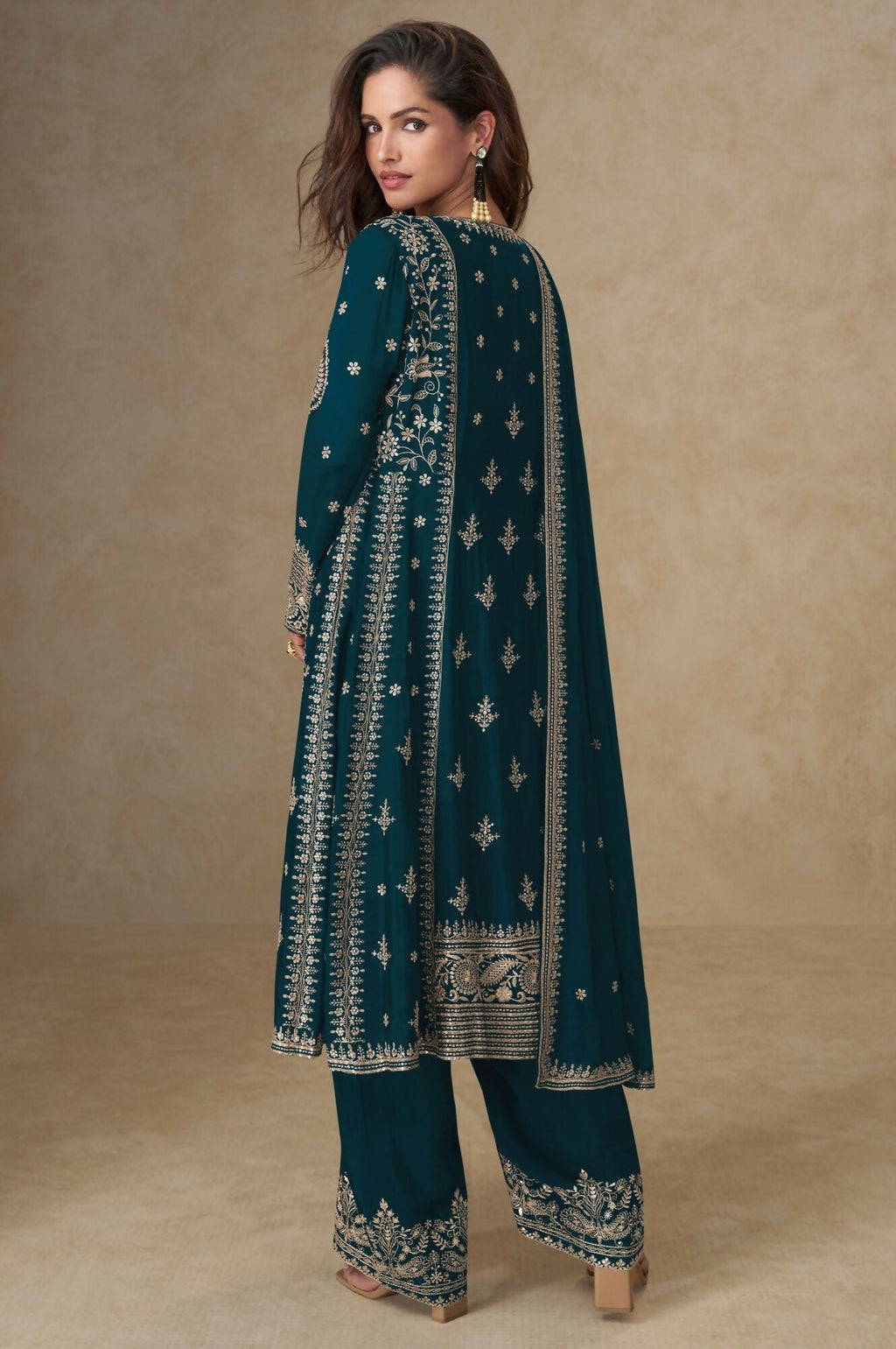 Anaita Teal Green Chinon Silk Stitched Suit with Embroidery & Sequence Work | Grocsy