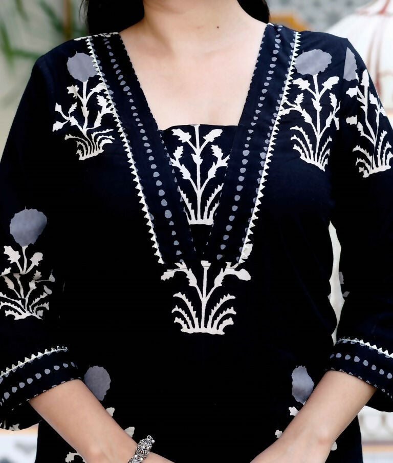Miravan Women's Cotton Gota Patti Black Floral Printed Straight Kurta Palazzo Set | Grocsy