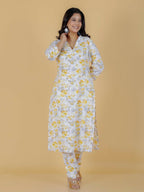Aramya Yellow Soft Cotton Floral Print Straight Kurta Pant Set for Women | Grocsy