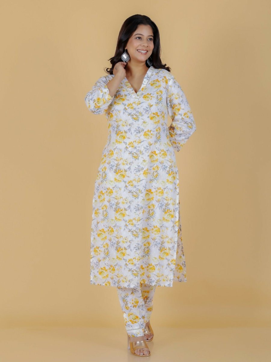 Aramya Yellow Soft Cotton Floral Print Straight Kurta Pant Set for Women | Grocsy