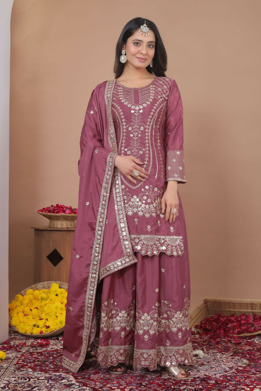 Teeya Creation Dark Onion Color Natural Crepe Silk Wedding Wear Trending Salwar Suit | Grocsy
