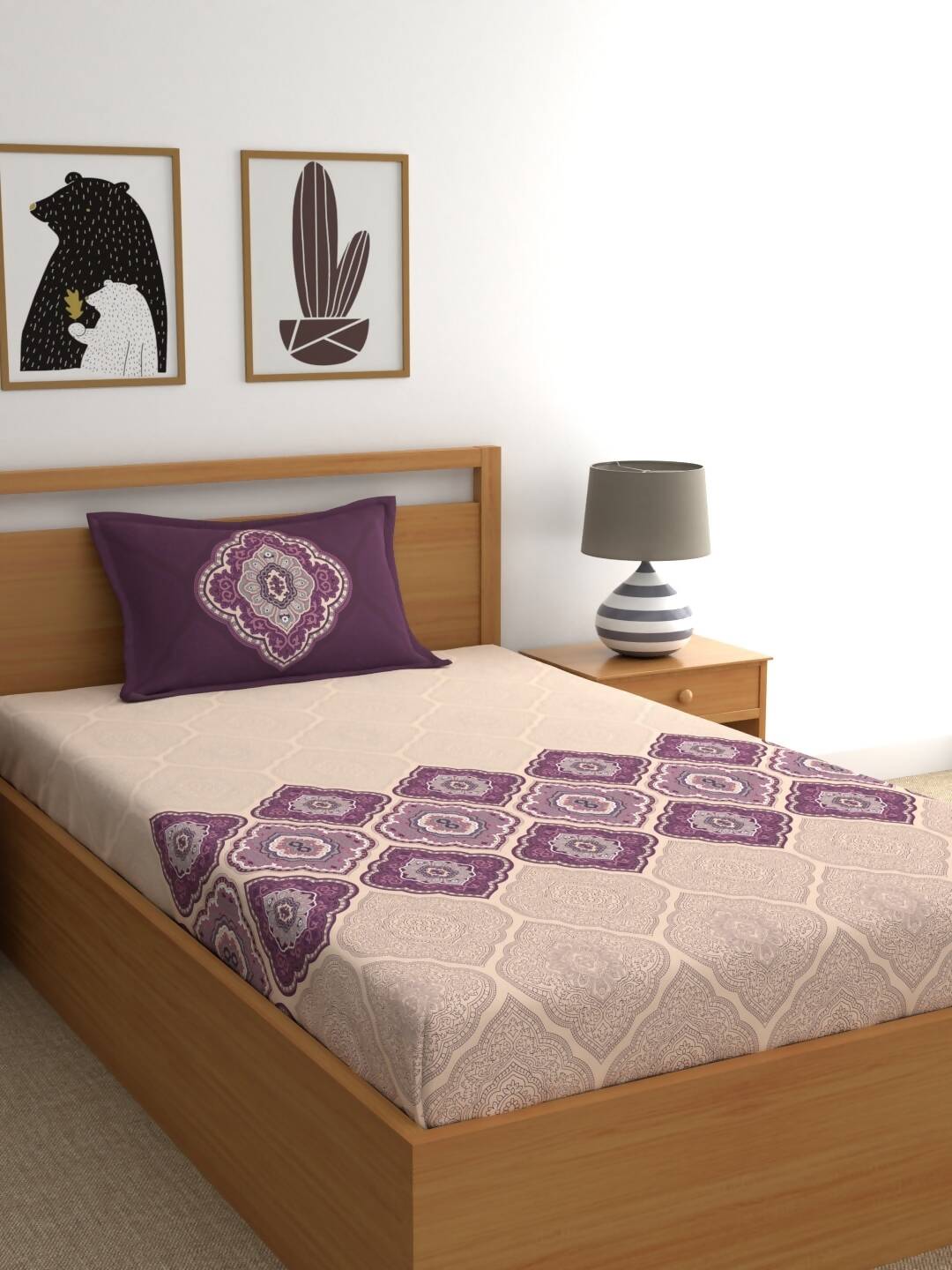 Dreamscape Purple & Cream-Coloured 144 TC Bedsheet with Pillow Covers | Grocsy