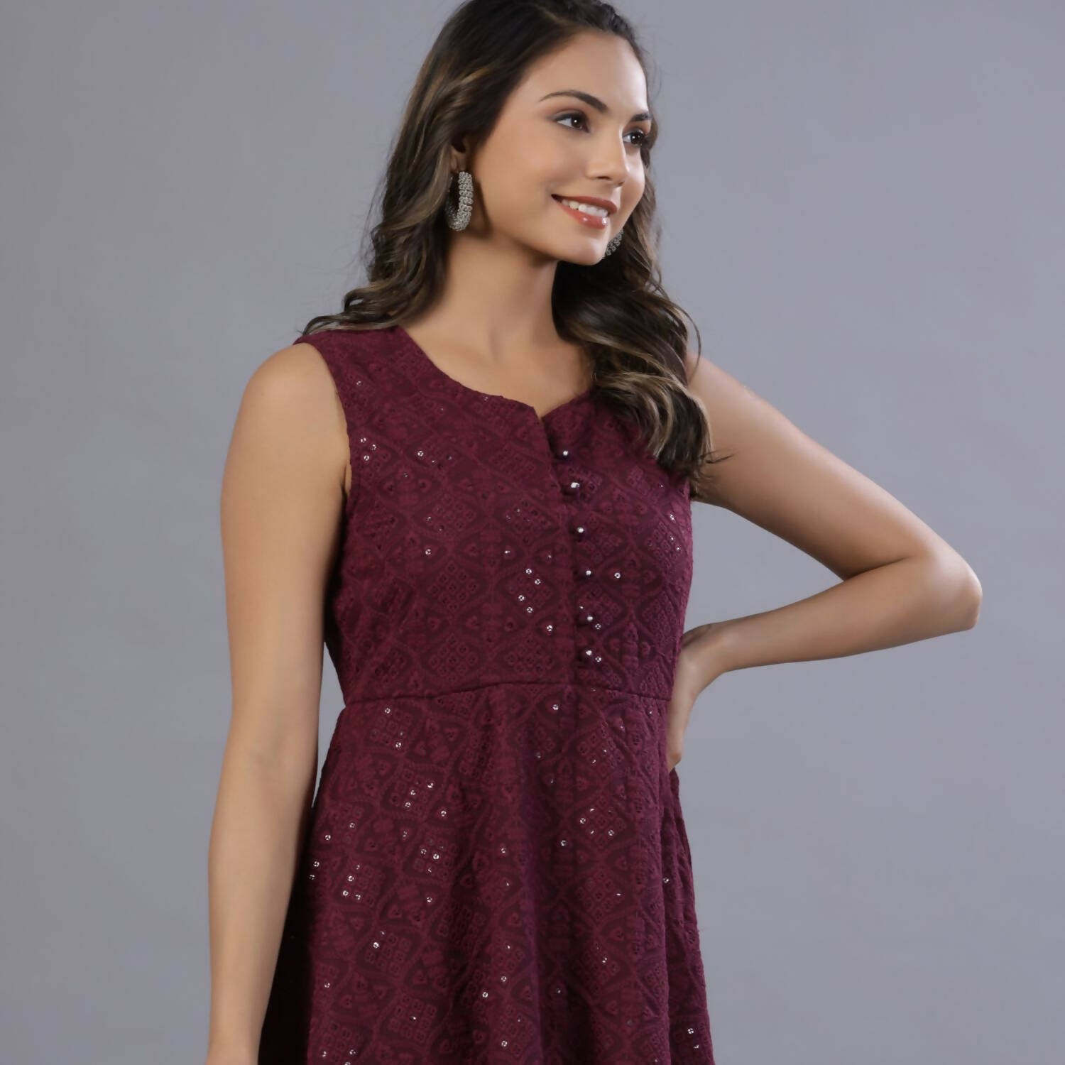 Juniper Women Wine Georgette Embroidered Peplum Tunic | Grocsy