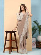 Light Brown Lycra Solid Ready to Wear Saree with stitched Blouse - Nita | Grocsy