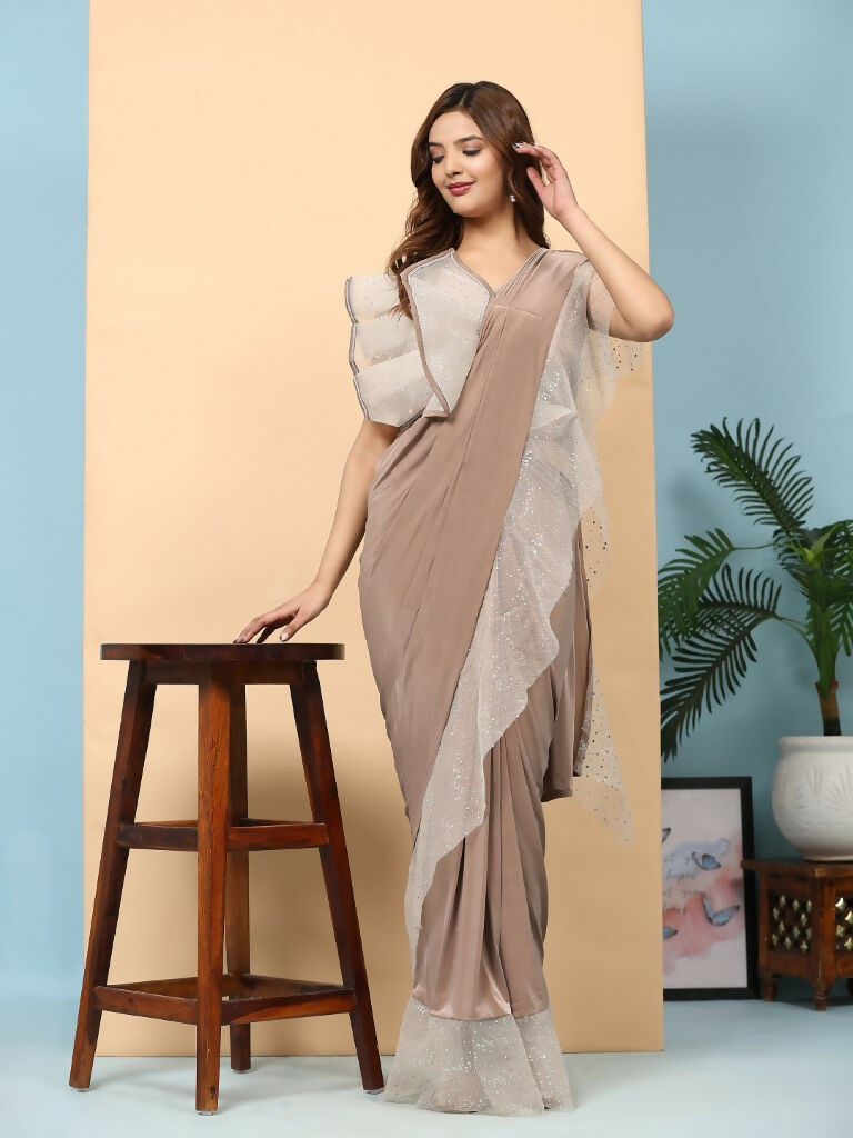 Light Brown Lycra Solid Ready to Wear Saree with stitched Blouse - Nita | Grocsy