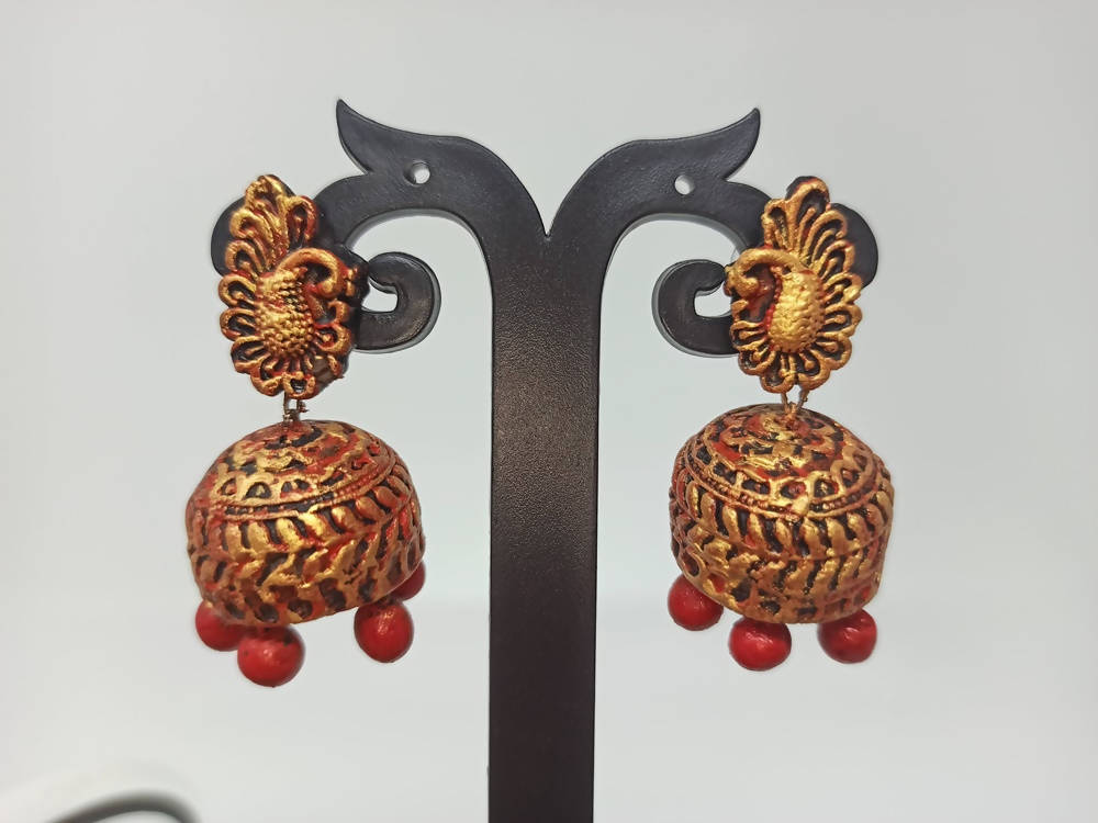 Terracotta Peacock Stud Ethnic Jhumkas-Gold Red | Grocsy