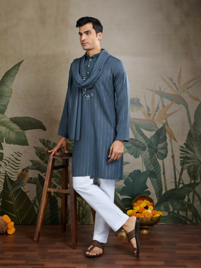 Vastranavya Blue Grey Exclusive Viscose Rayon Festival Wear Real Mirror Work Kurta with Dupatta | Grocsy