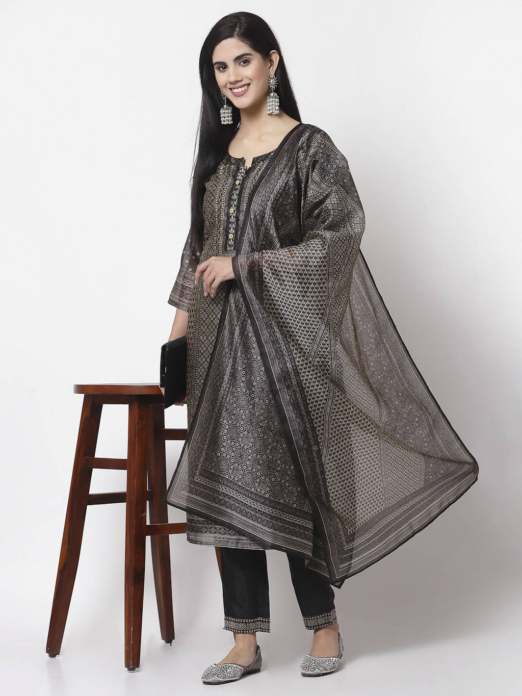 Myshka Black Chanderi Silk Embroidered 3/4 Sleeve Round Neck Kurta Pant Dupatta Set | Grocsy