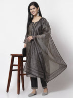 Myshka Black Chanderi Silk Embroidered 3/4 Sleeve Round Neck Kurta Pant Dupatta Set | Grocsy