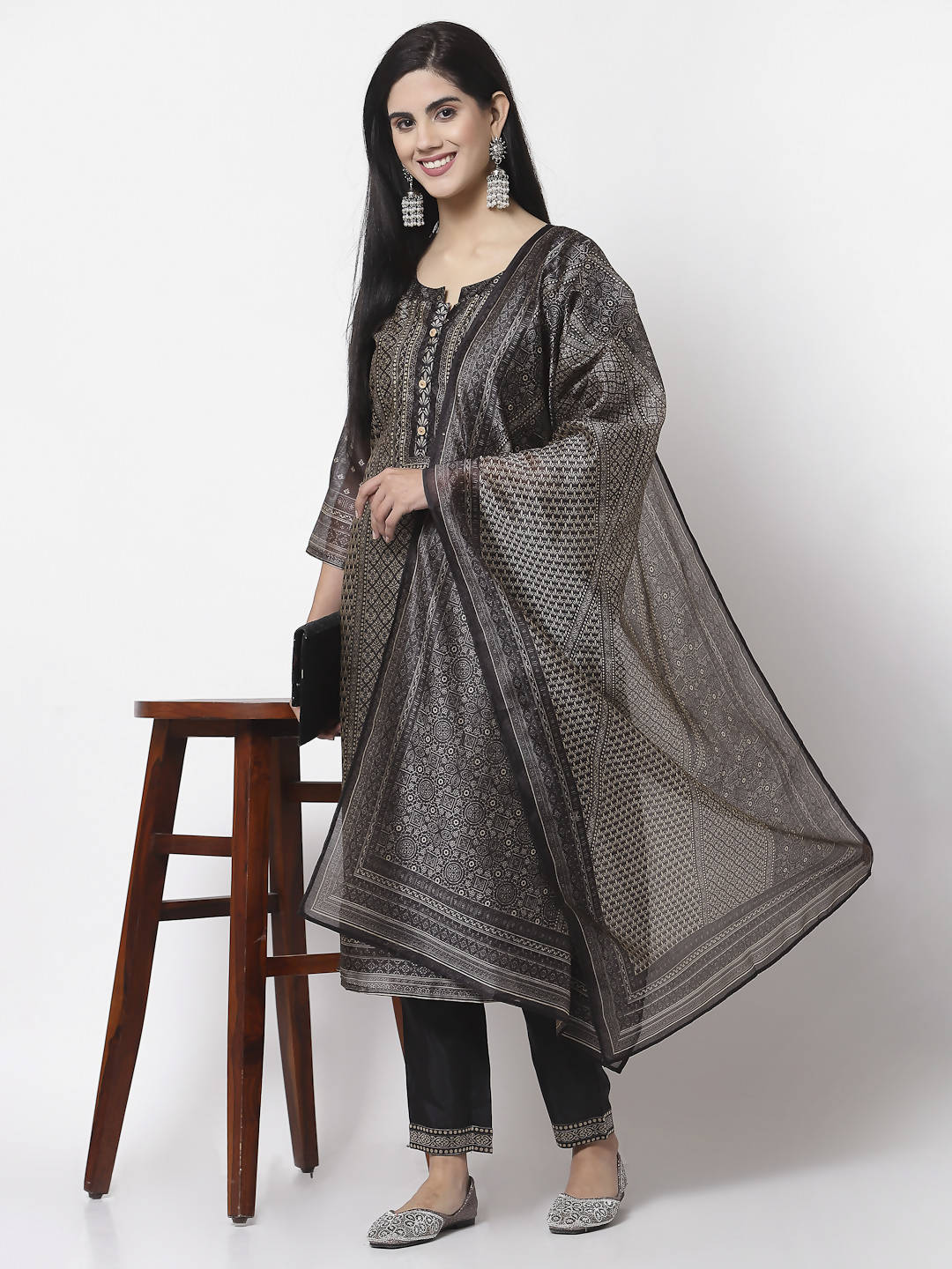 Myshka Black Chanderi Silk Embroidered 3/4 Sleeve Round Neck Kurta Pant Dupatta Set | Grocsy