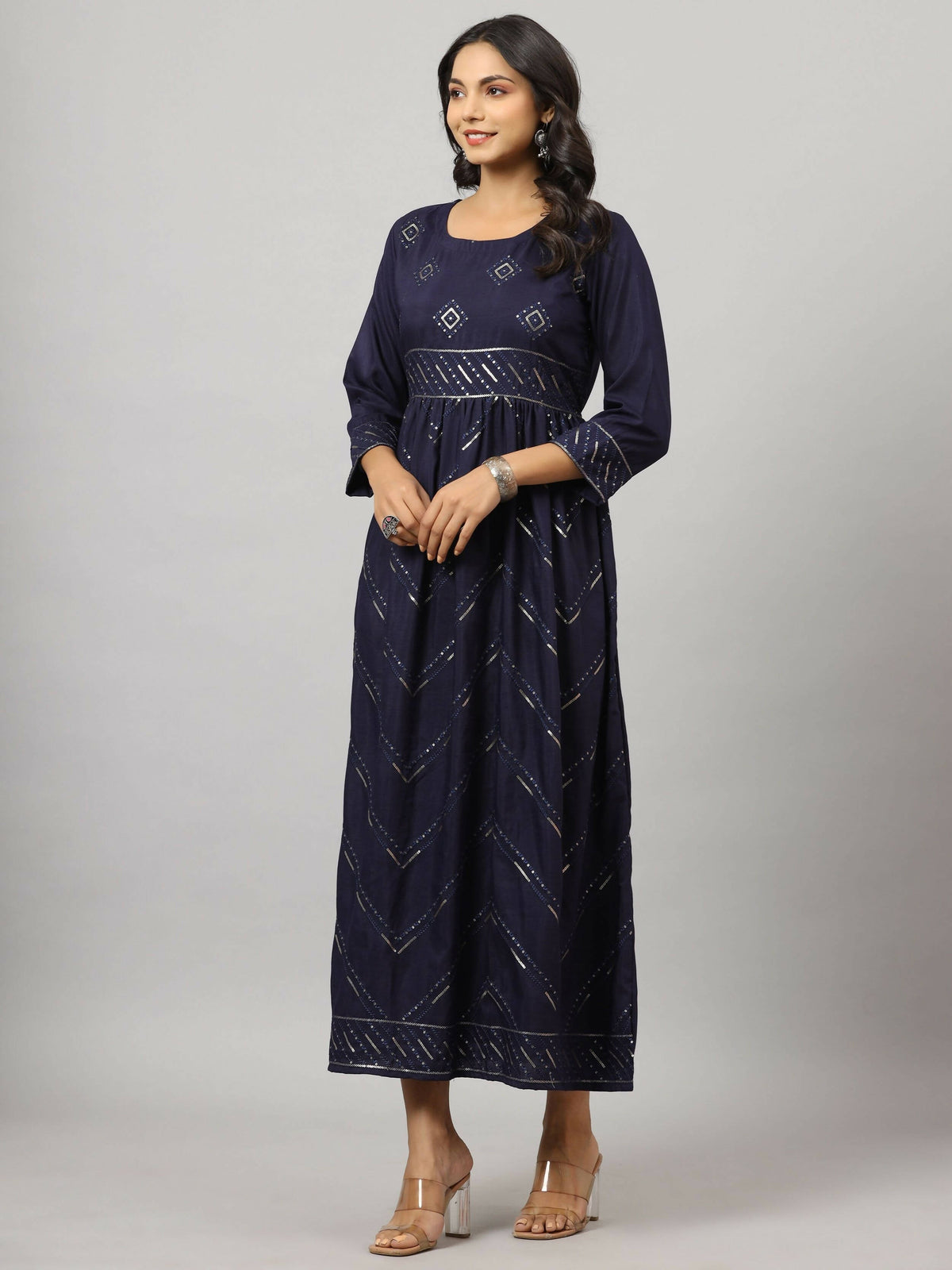 Juniper Women's Navy Festive Printed Flared Dress | Grocsy