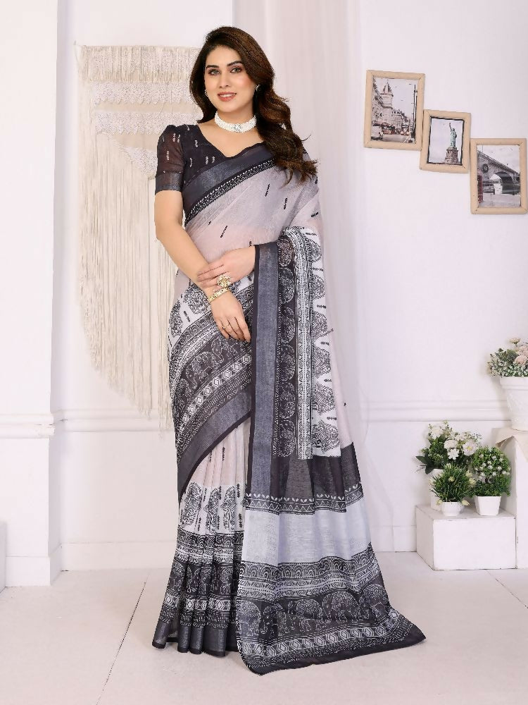PR Fashion Black Handloom Linen Cotton Zari Saree | Grocsy