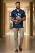 Midnight Bloom — Navy Lotus Embroidered Cotton Shirt by Hilo Design | Grocsy