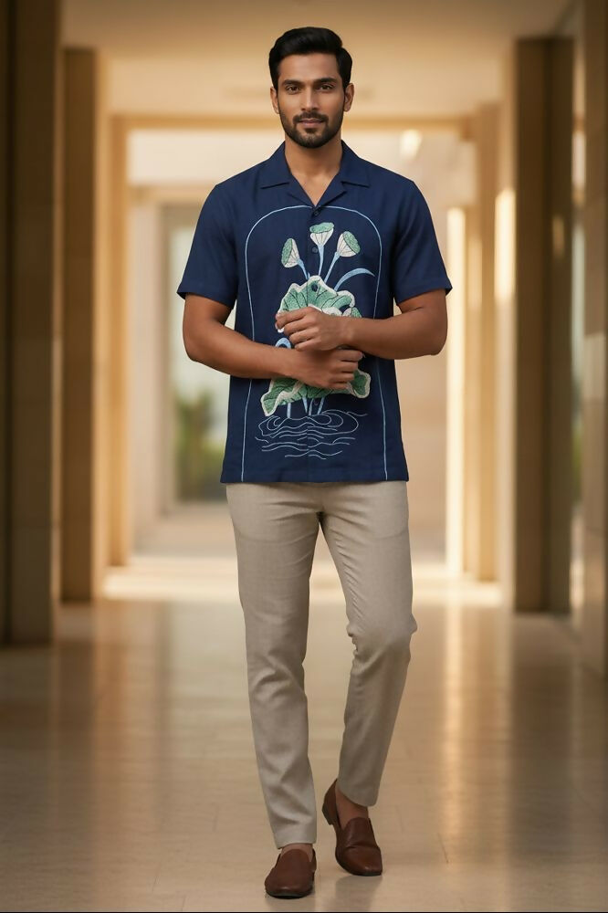 Midnight Bloom — Navy Lotus Embroidered Cotton Shirt by Hilo Design | Grocsy