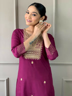 Partywear Designer Rayon Slub Wine Stitched Suit With Dupatta - Tanisha | Grocsy
