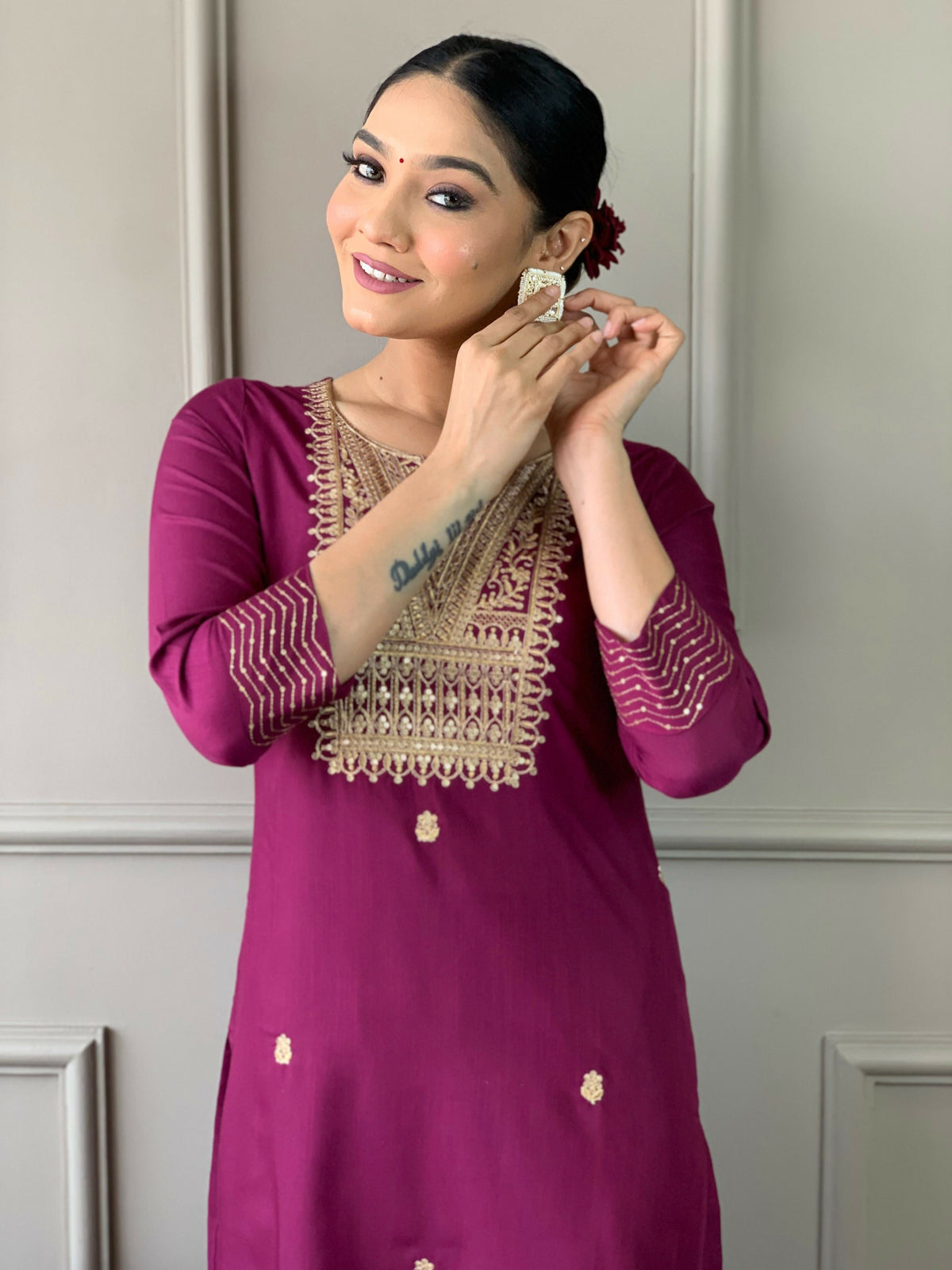 Partywear Designer Rayon Slub Wine Stitched Suit With Dupatta - Tanisha | Grocsy