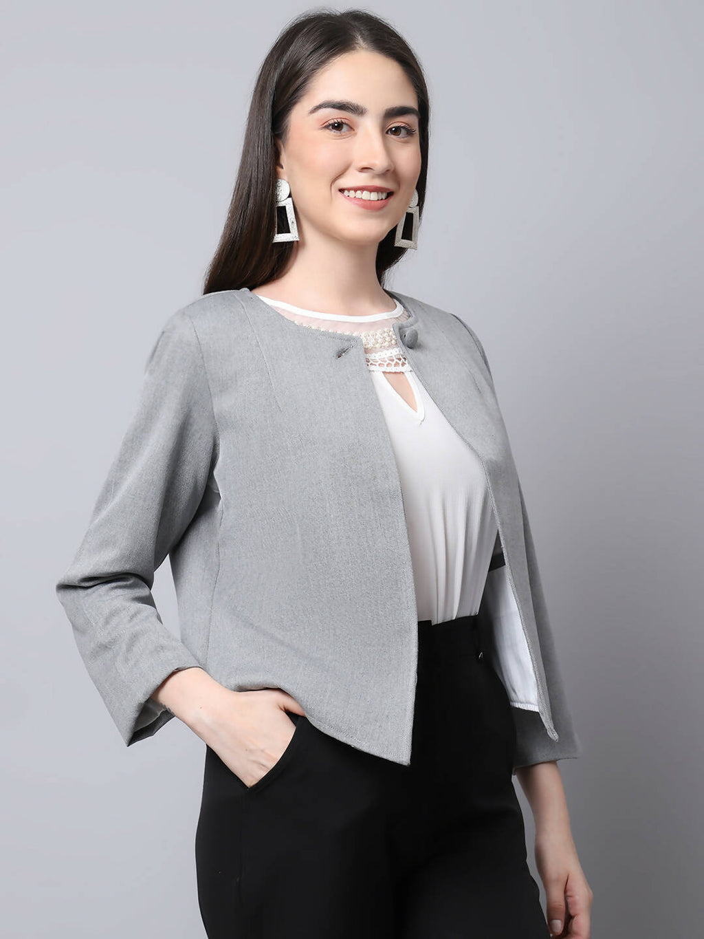 Even Apparels Grey Polywool Open Front Statement Women's Jacket | Grocsy
