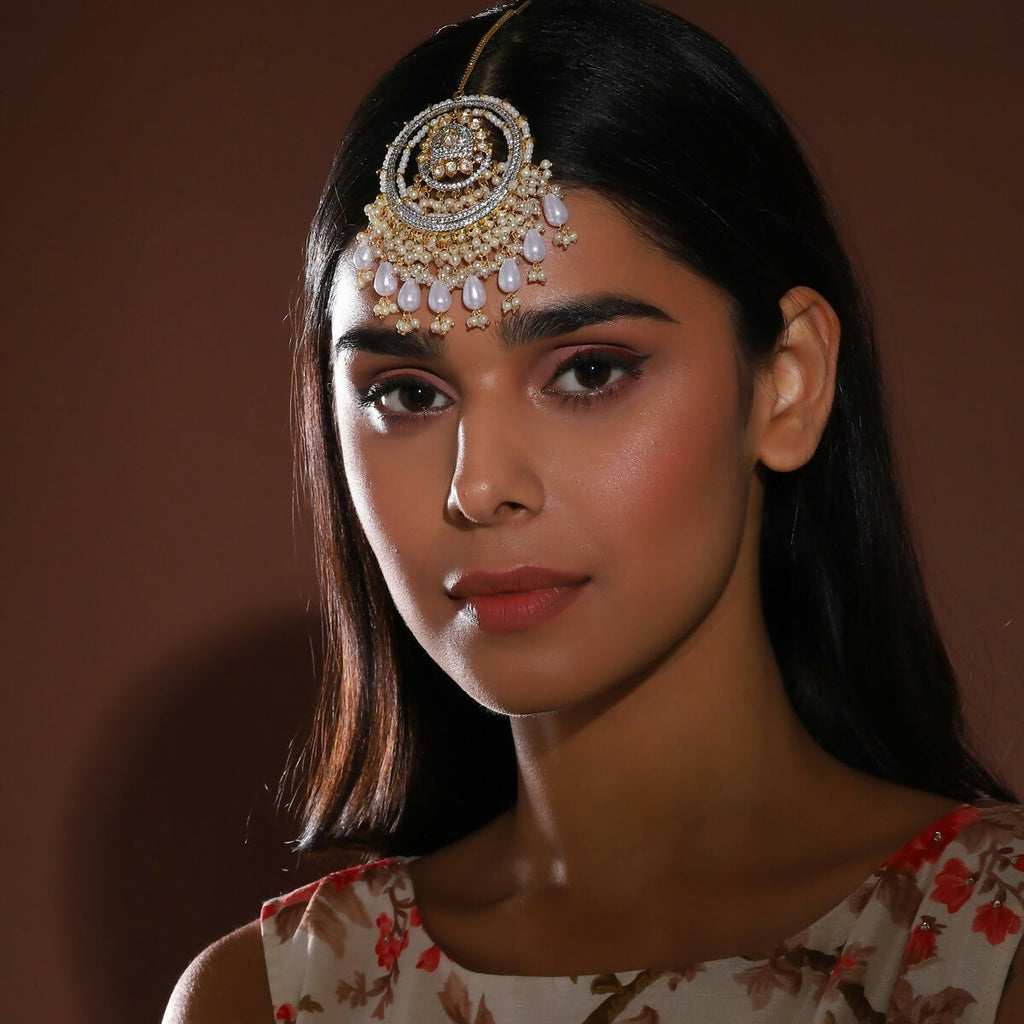 Kundan Chand Maang Tikka with Pearl Drops - Ruby Raang | Grocsy