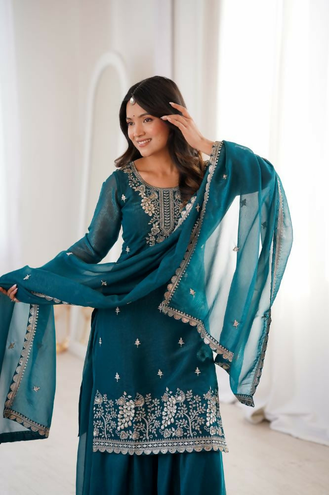 Lehenga Mart Designer Sharara Suit With Kurta, Sharara, Dupatta For Women-Teal Blue | Grocsy