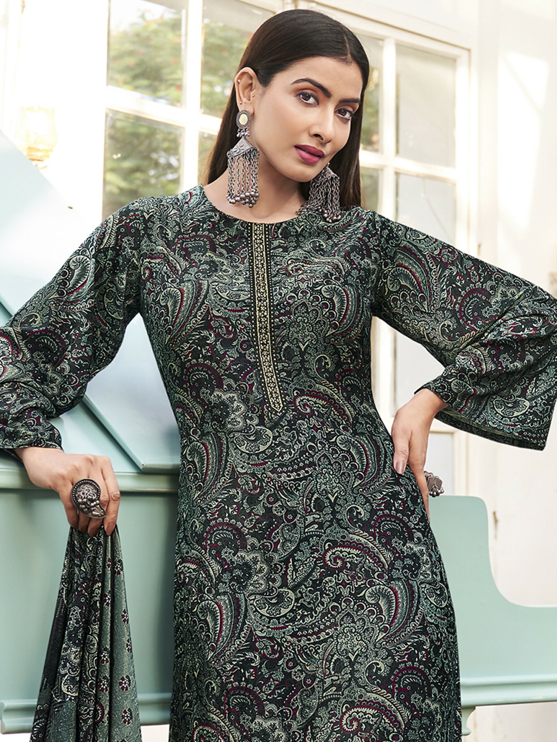 Jyoti Fashion Women's Green Velvet Digital Print with Resham Thread work Kurta with Trouser & Dupatta | Grocsy