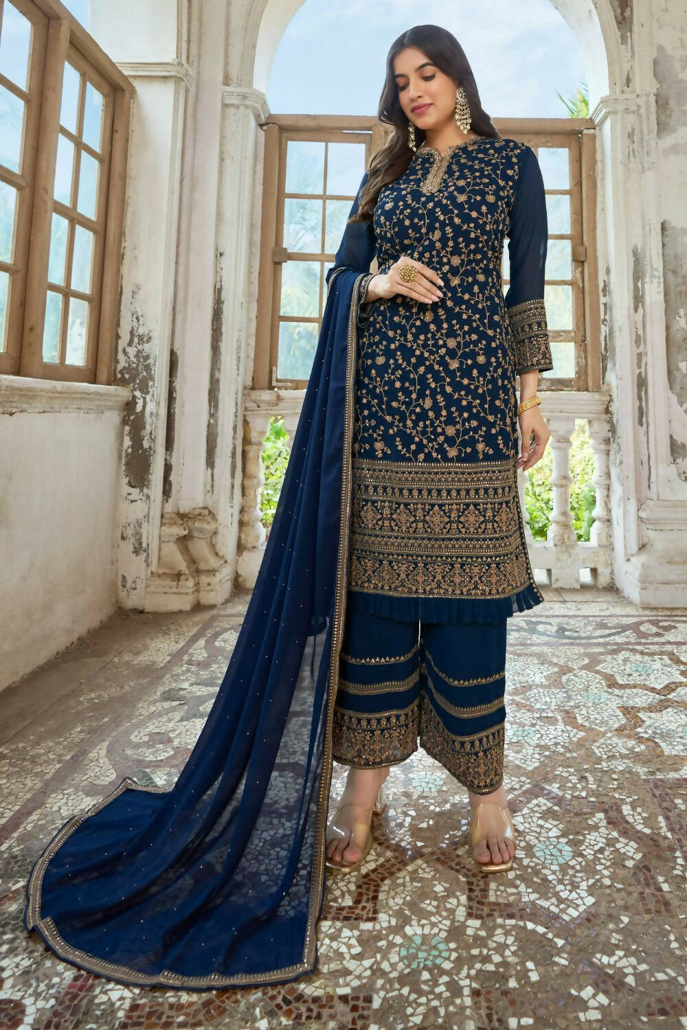 Navy Blue Heavy Fox Georgette Embroidered Semi Stitched Suit - Dhvani | Grocsy