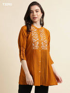 Mustard Chinon Yoke Embroidered A-line Top - Tarini | Grocsy