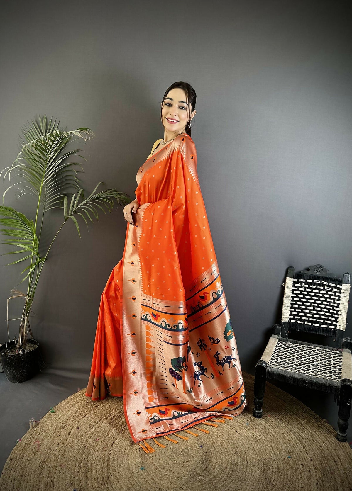 Joban Fashion Orange Peacock & Floral Motifs Soft Lichi Silk Kanchipuram Saree | Grocsy