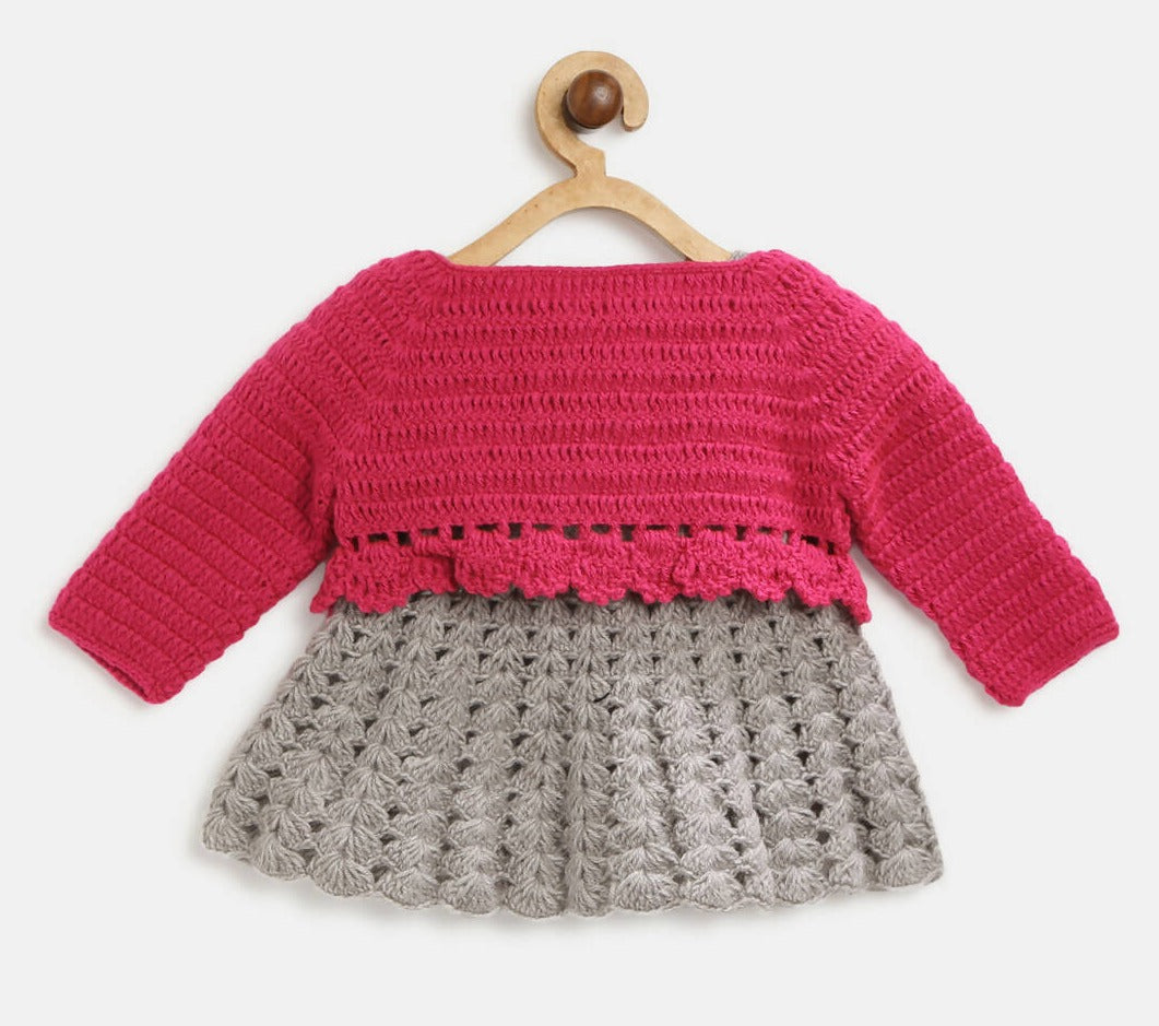 ChutPut Hand knitted Crochet Maharani Wool Dress For Baby Girls - Pink | Grocsy
