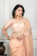 Morchari Beige Chiffon Hand Embroidery Saree And Stitched Blouse | Grocsy