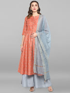 Janasya Women's Turquoise Green Cotton Flex Ikkat Kurta With Pant | Grocsy