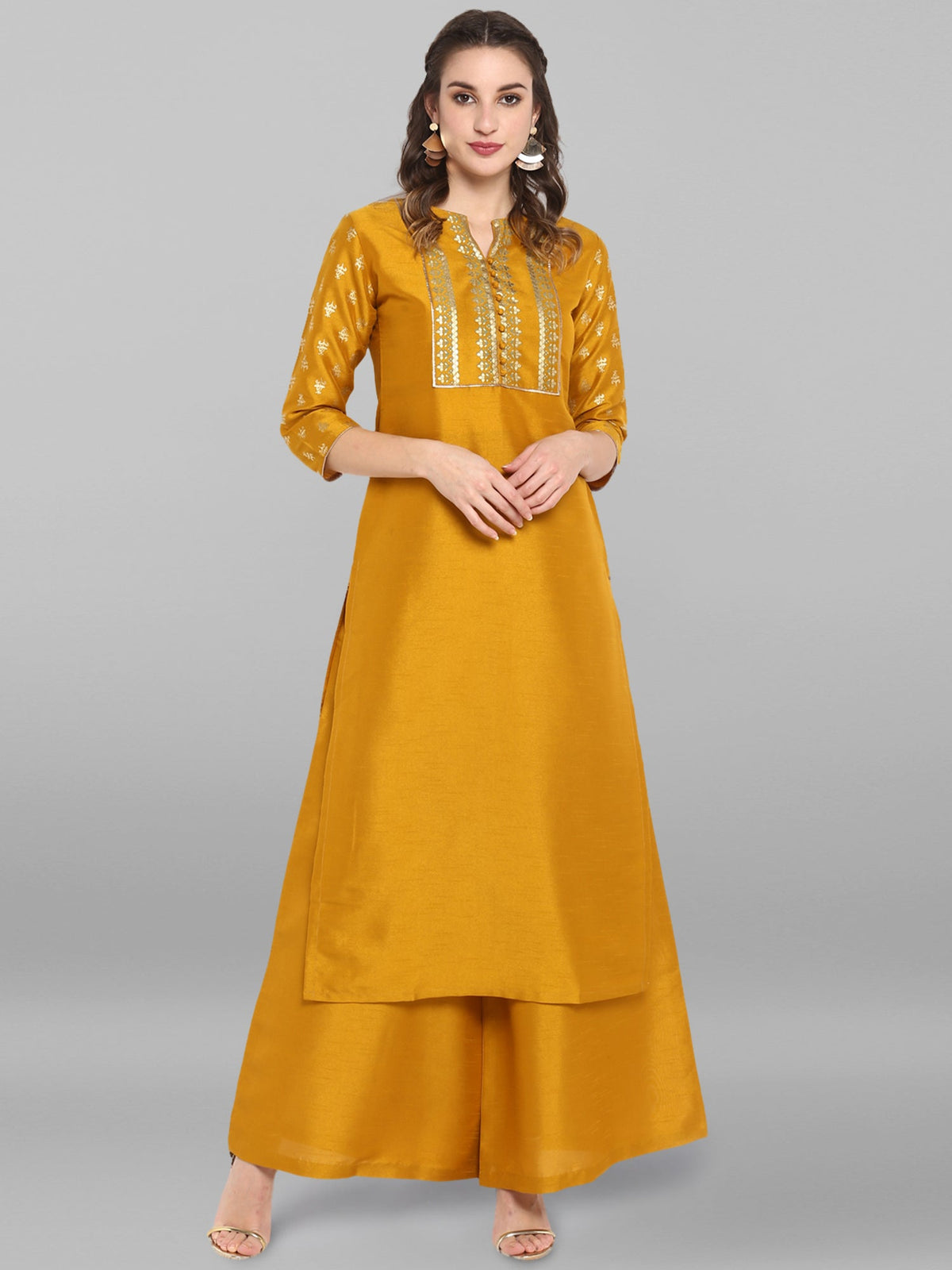 Janasya Mustard Poly Silk Foil Print Set | Grocsy