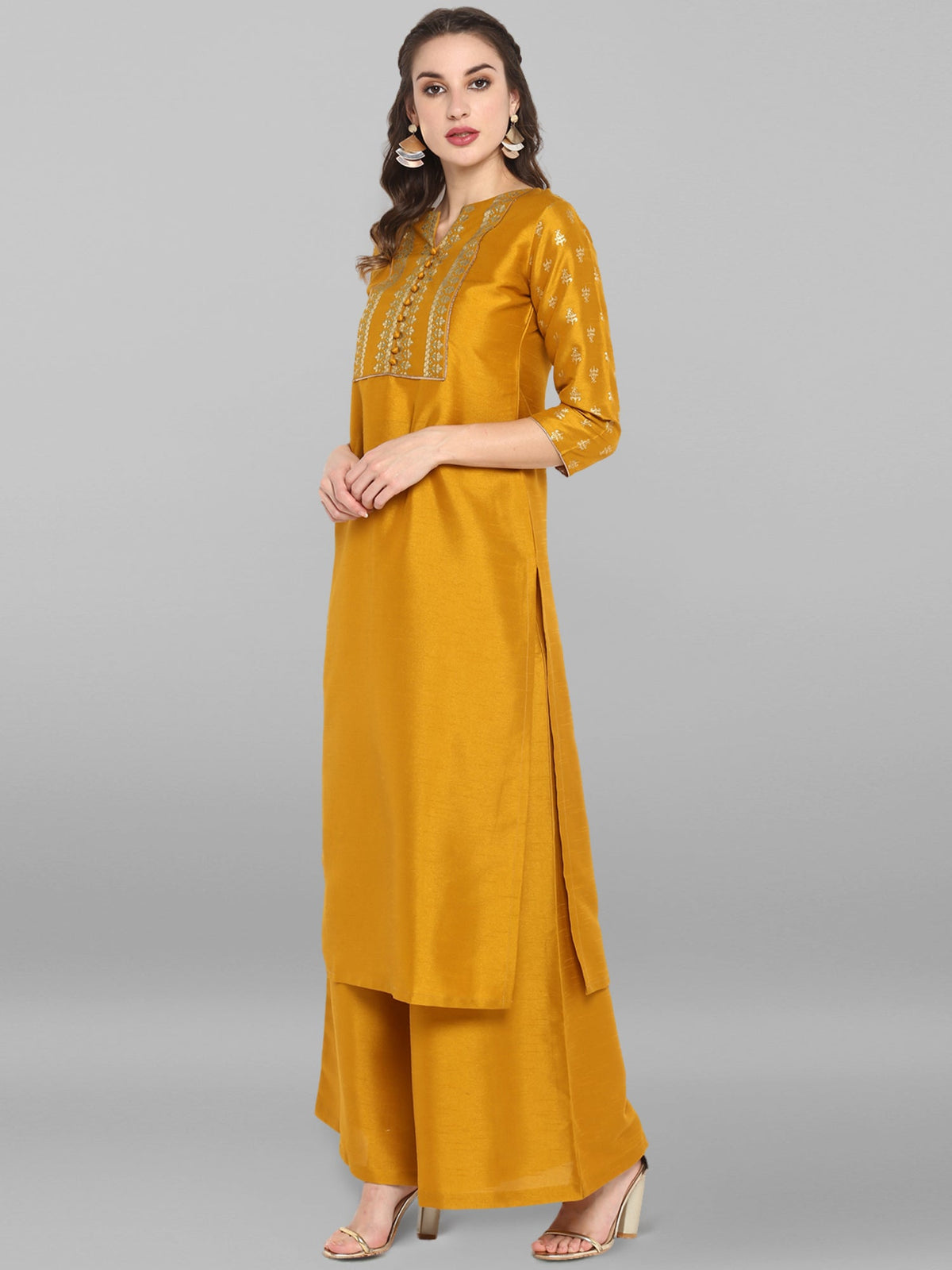 Janasya Mustard Poly Silk Foil Print Set | Grocsy