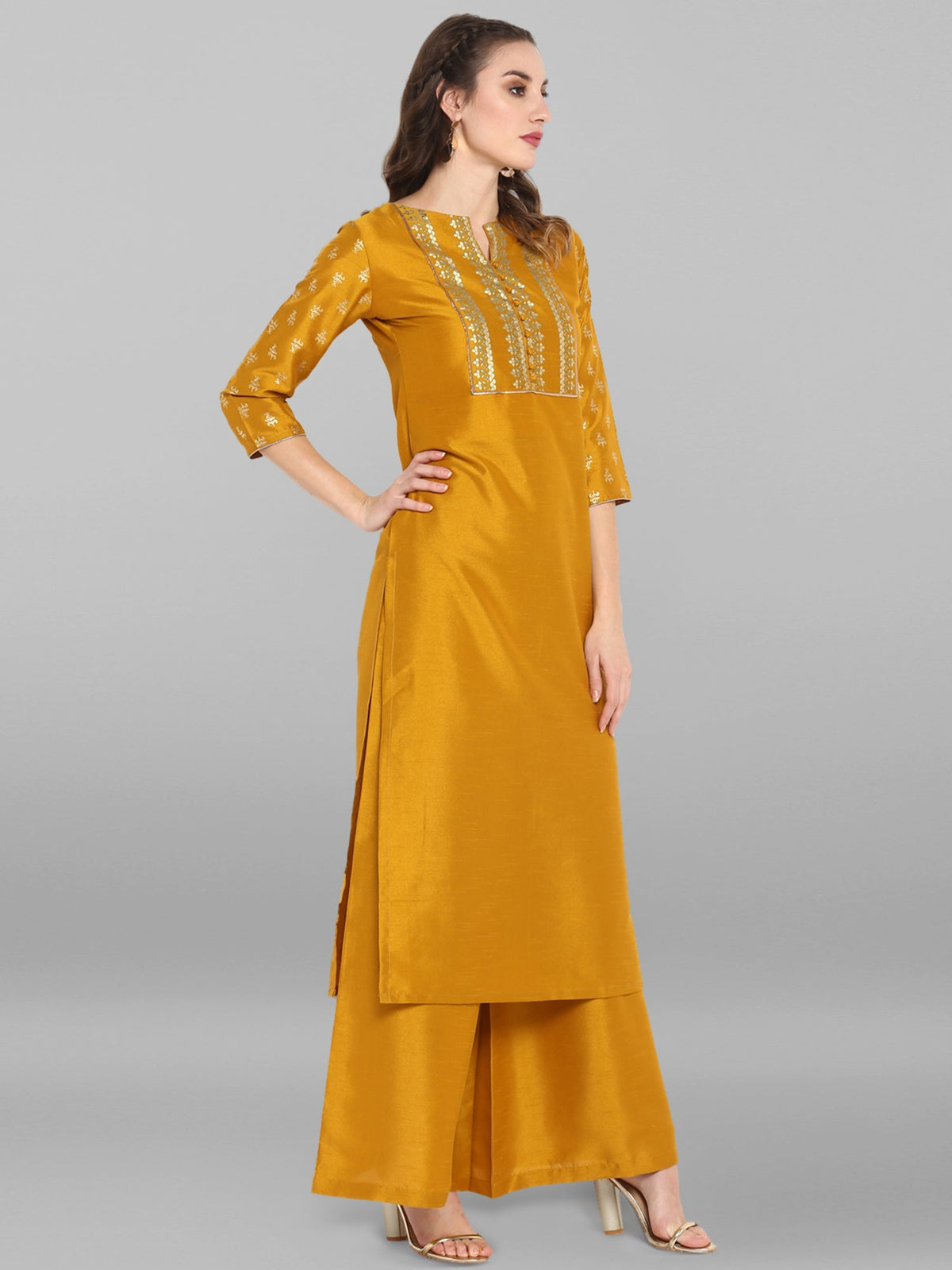 Janasya Mustard Poly Silk Foil Print Set | Grocsy