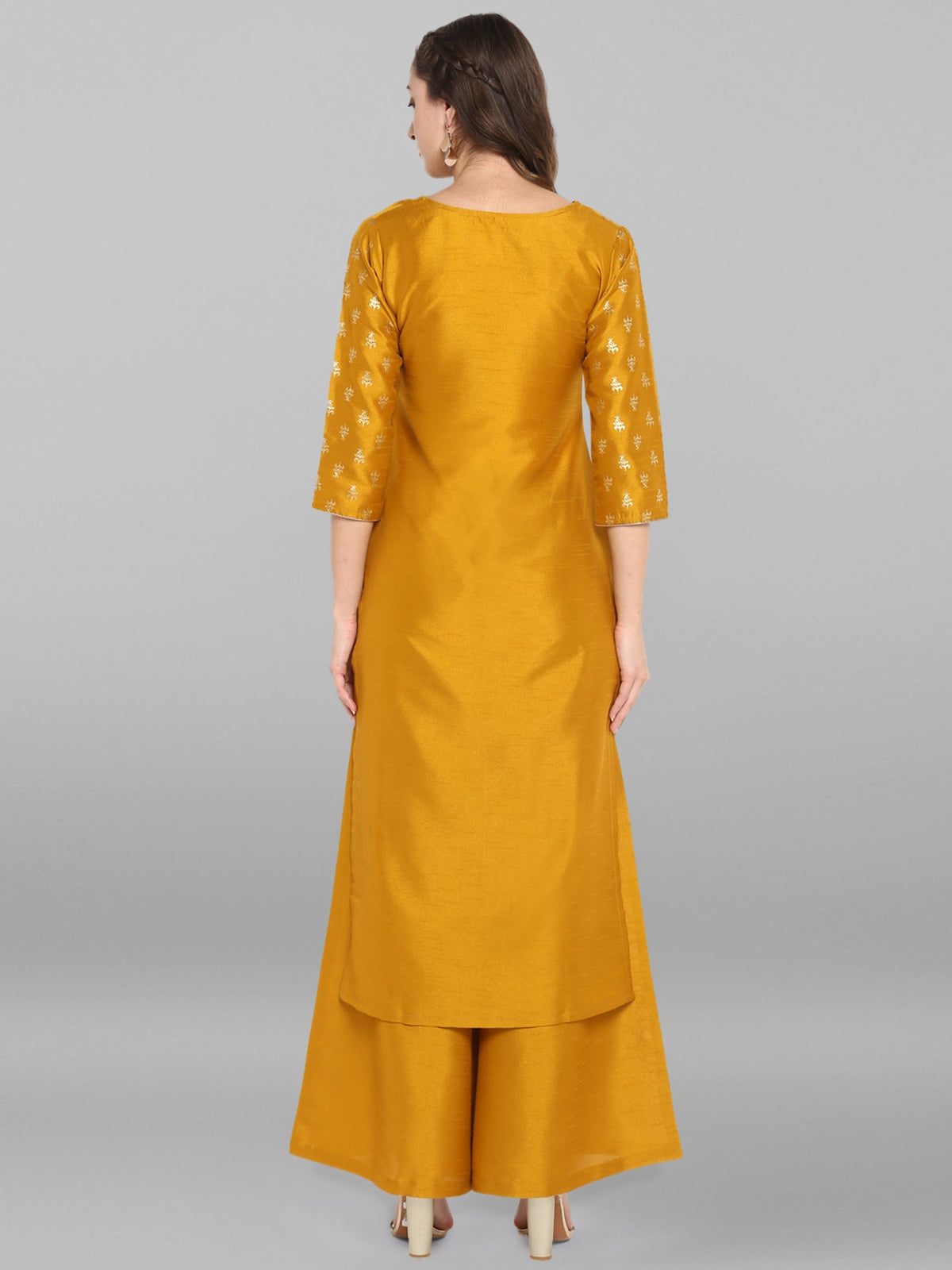 Janasya Mustard Poly Silk Foil Print Set | Grocsy