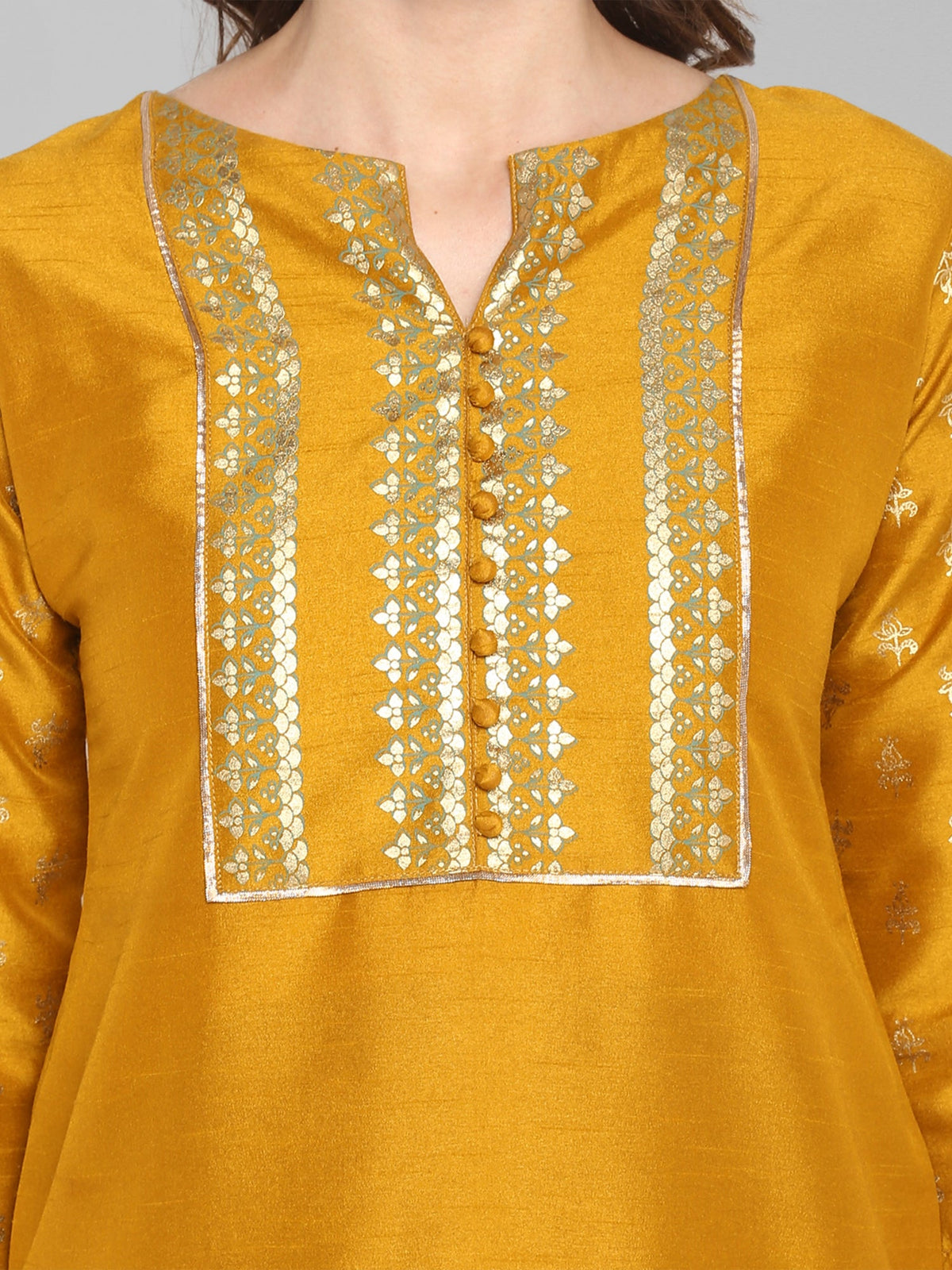 Janasya Mustard Poly Silk Foil Print Set | Grocsy