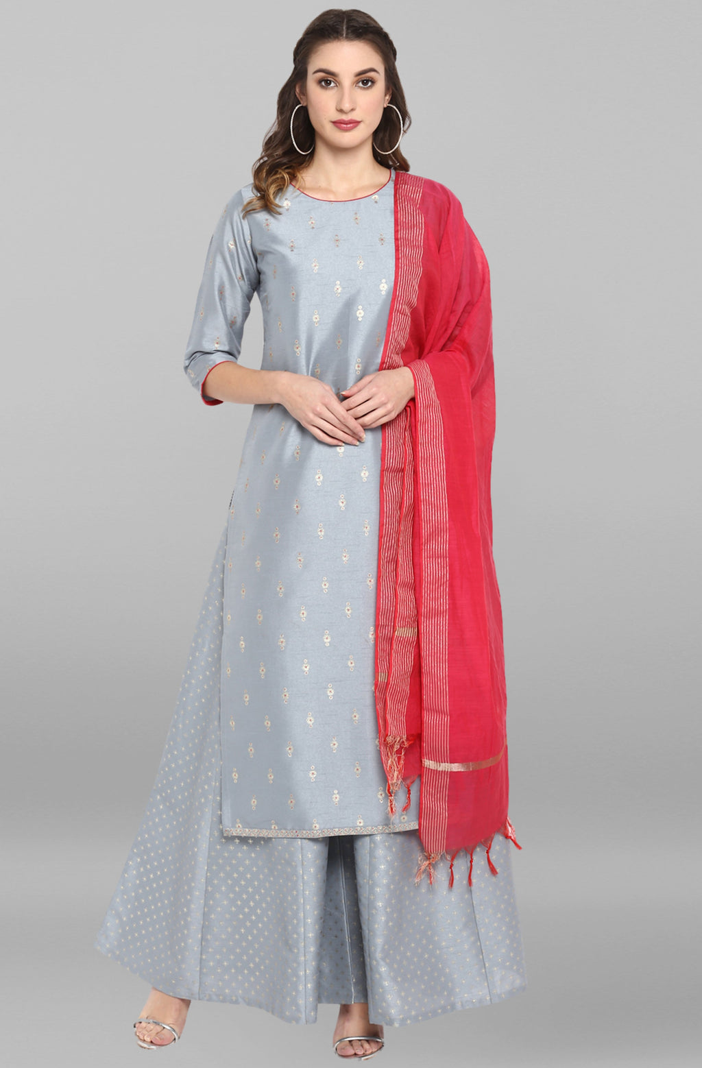 Janasya Women's Grey Poly Silk Foil Print Kurta With Palazzo And Dupatta | Grocsy