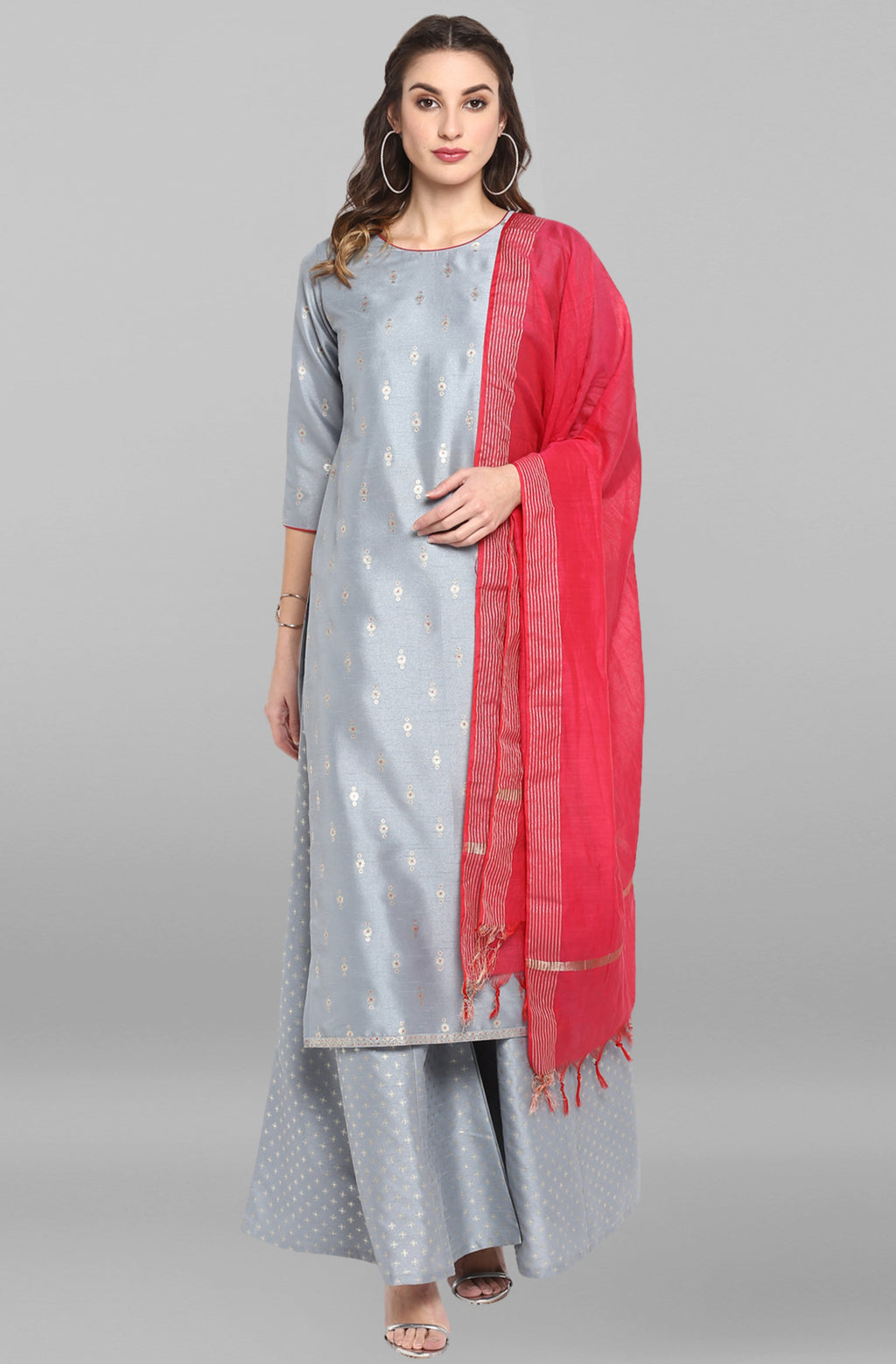 Janasya Women's Grey Poly Silk Foil Print Kurta With Palazzo And Dupatta | Grocsy