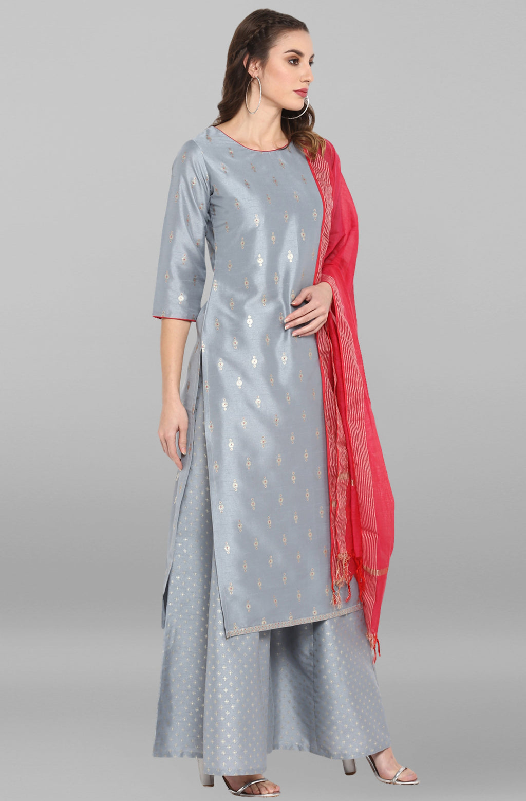 Janasya Women's Grey Poly Silk Foil Print Kurta With Palazzo And Dupatta | Grocsy
