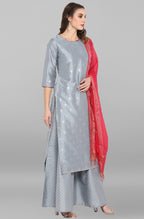 Janasya Women's Grey Poly Silk Foil Print Kurta With Palazzo And Dupatta | Grocsy