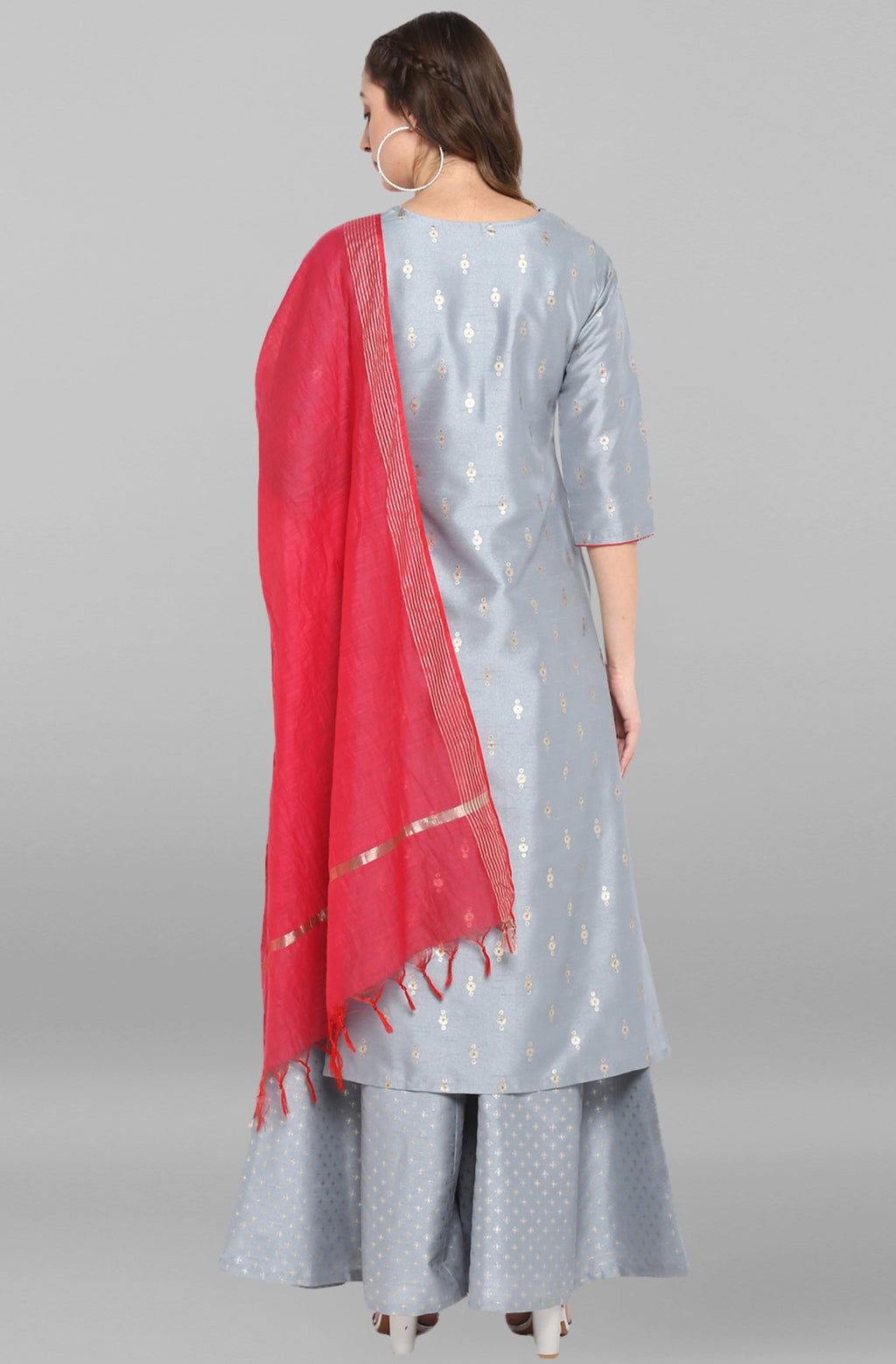 Janasya Women's Grey Poly Silk Foil Print Kurta With Palazzo And Dupatta | Grocsy