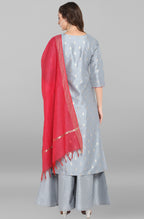 Janasya Women's Grey Poly Silk Foil Print Kurta With Palazzo And Dupatta | Grocsy