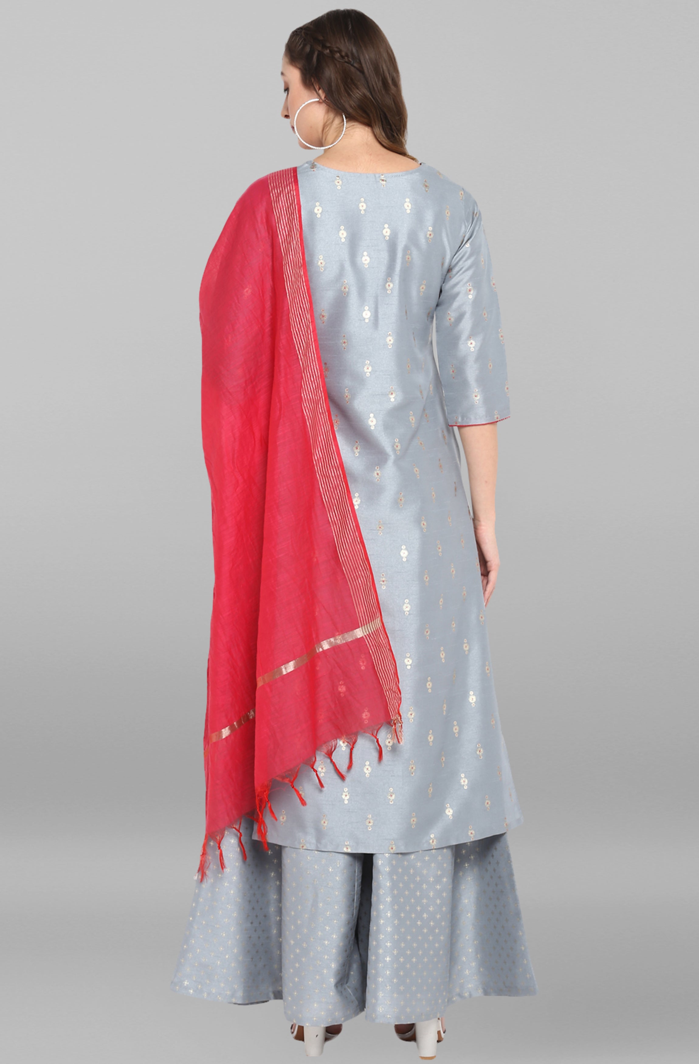 Janasya Women's Grey Poly Silk Foil Print Kurta With Palazzo And Dupatta | Grocsy