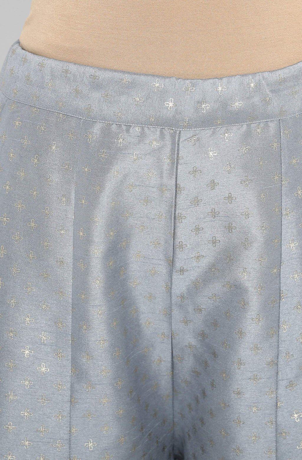 Janasya Women's Grey Poly Silk Foil Print Kurta With Palazzo And Dupatta | Grocsy