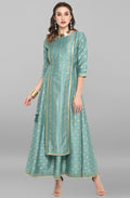 Janasya Green Rayon Crepe Foil Print Flared Ethnic Dress | Grocsy