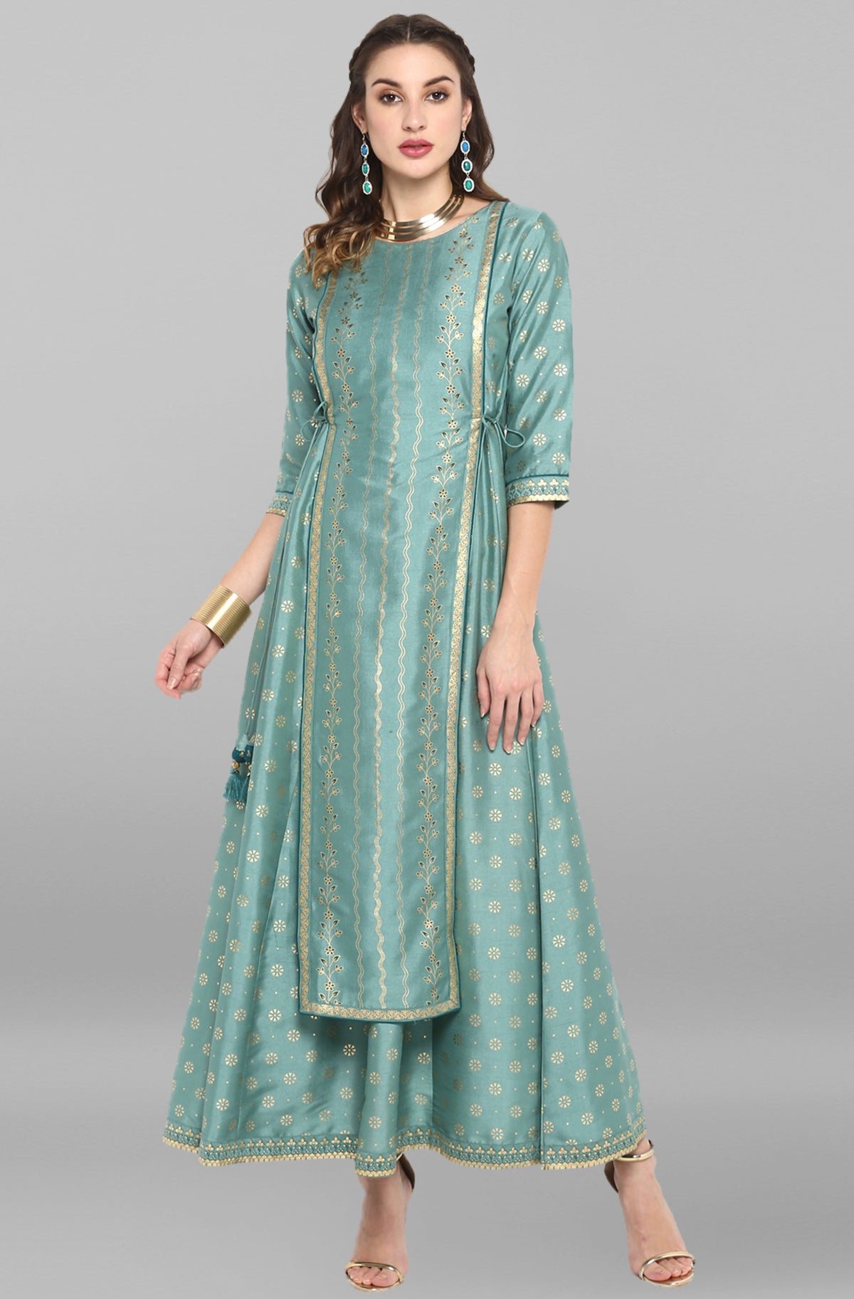 Janasya Green Rayon Crepe Foil Print Flared Ethnic Dress | Grocsy