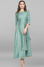 Janasya Green Rayon Crepe Foil Print Flared Ethnic Dress | Grocsy