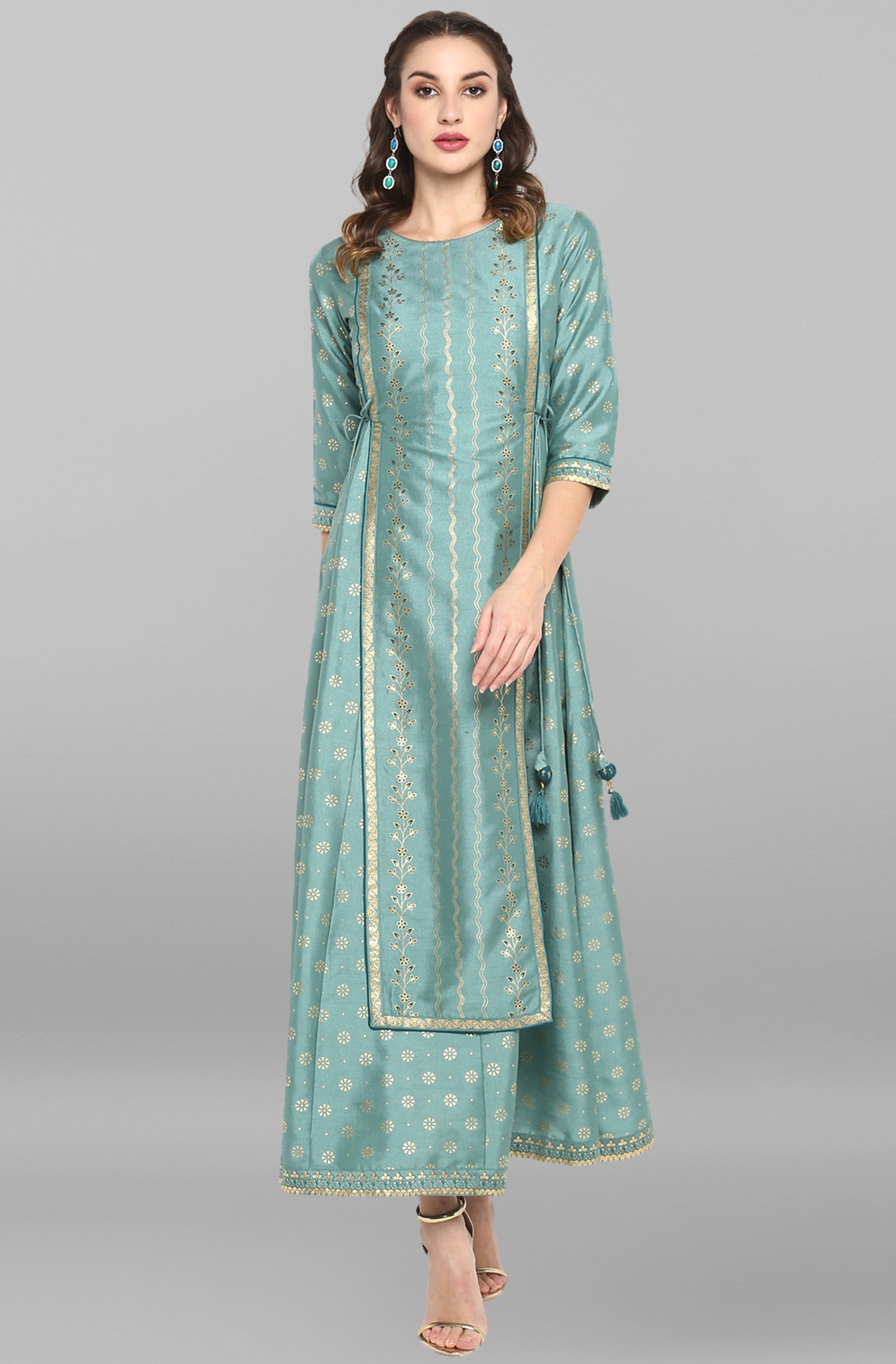 Janasya Green Rayon Crepe Foil Print Flared Ethnic Dress | Grocsy