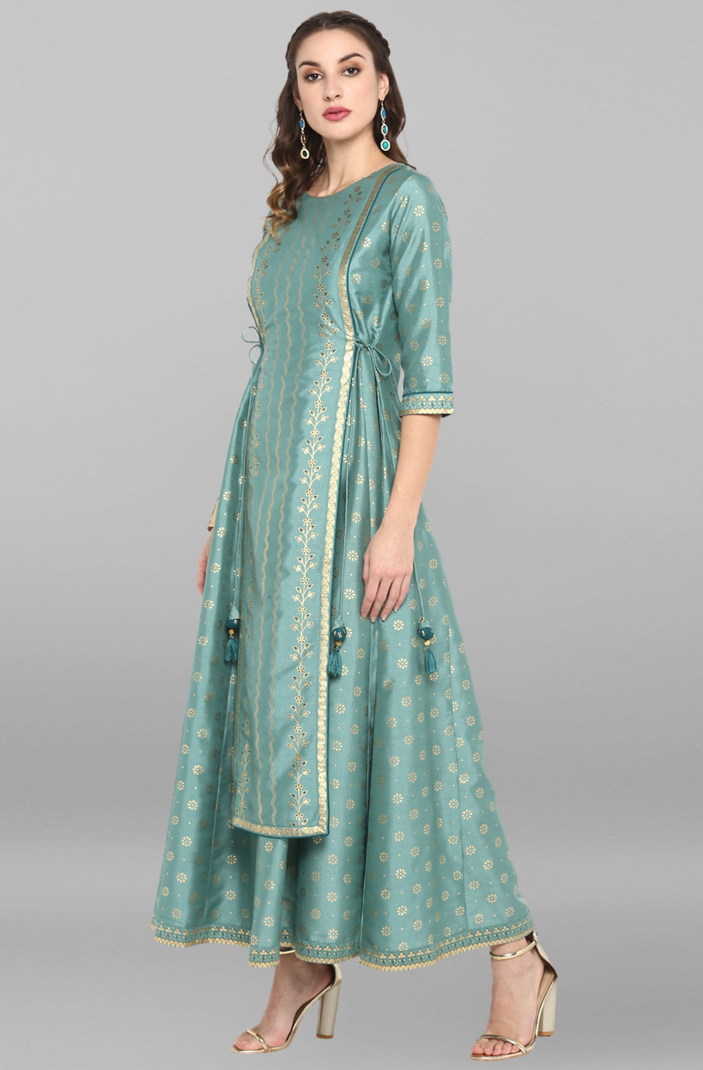 Janasya Green Rayon Crepe Foil Print Flared Ethnic Dress | Grocsy